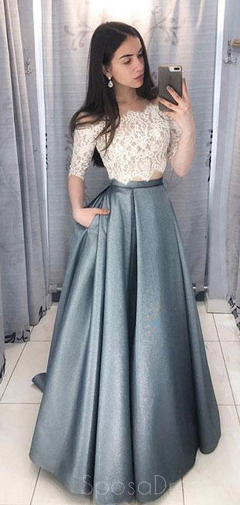 Two Pieces Half Sleeve Lace Grey Long Evening Prom Dresses, Cheap Sweet 16 Dresses, 18433