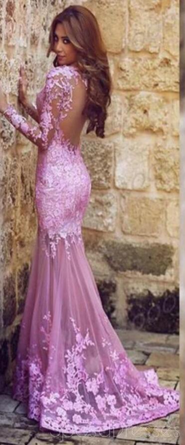 Long Sleeve Lilac Mermaid Lace Party Prom Dresses, Cheap Long Prom Dresses, PD1702