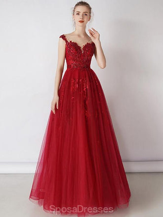 Cap Sleeves Red Beaded Sequin A-line Long Evening Prom Dresses, Evening Party Prom Dresses, 12326