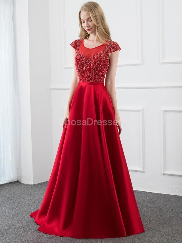 Cap Sleeves Red Beaded Long Evening Prom Dresses, Evening Party Prom Dresses, 12291
