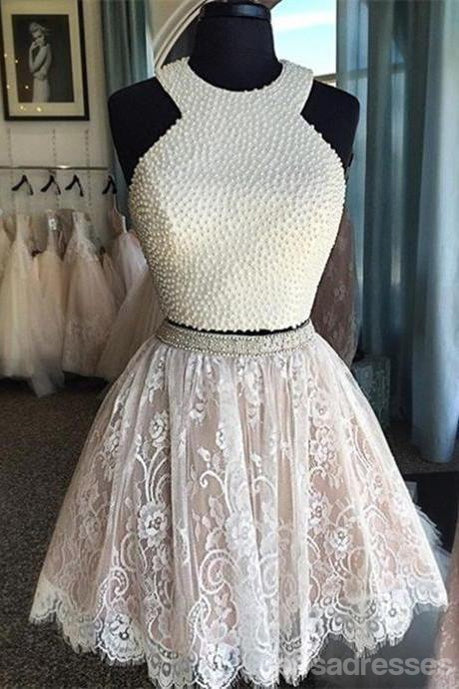 Sexy Two Pieces Halter Lace skirt Pearls bodice Cute homecoming prom d ...