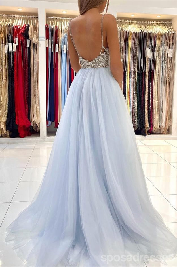Elegant Blue A-line Spaghetti Straps V-neck Maxi Long Party Prom Dresses,13279