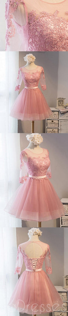 Long Sleeve Pink Lace Short Homecoming Prom Dresses, Affordable Short Party Prom Sweet 16 Dresses, Perfect Homecoming Cocktail Dresses, CM371