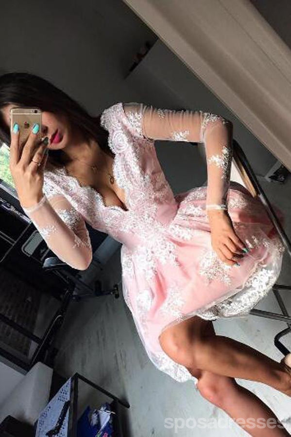 Long Sleeve Lace Pink Homecoming Prom Dresses, Affordable Short Party Prom Sweet 16 Dresses, Perfect Homecoming Cocktail Dresses, CM364