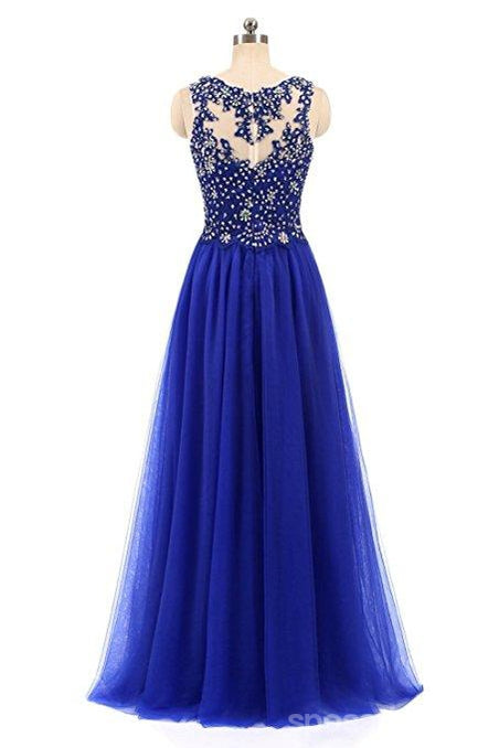 Royal Blue Lace Beaded See Through Chiffon Long Evening Prom Dresses, 17530