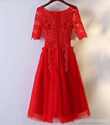 Short Sleeve Red Lace Round Neckline Short Homecoming Prom Dresses, Affordable Corset Back Short Party Prom Dresses, Perfect Homecoming Dresses, CM248