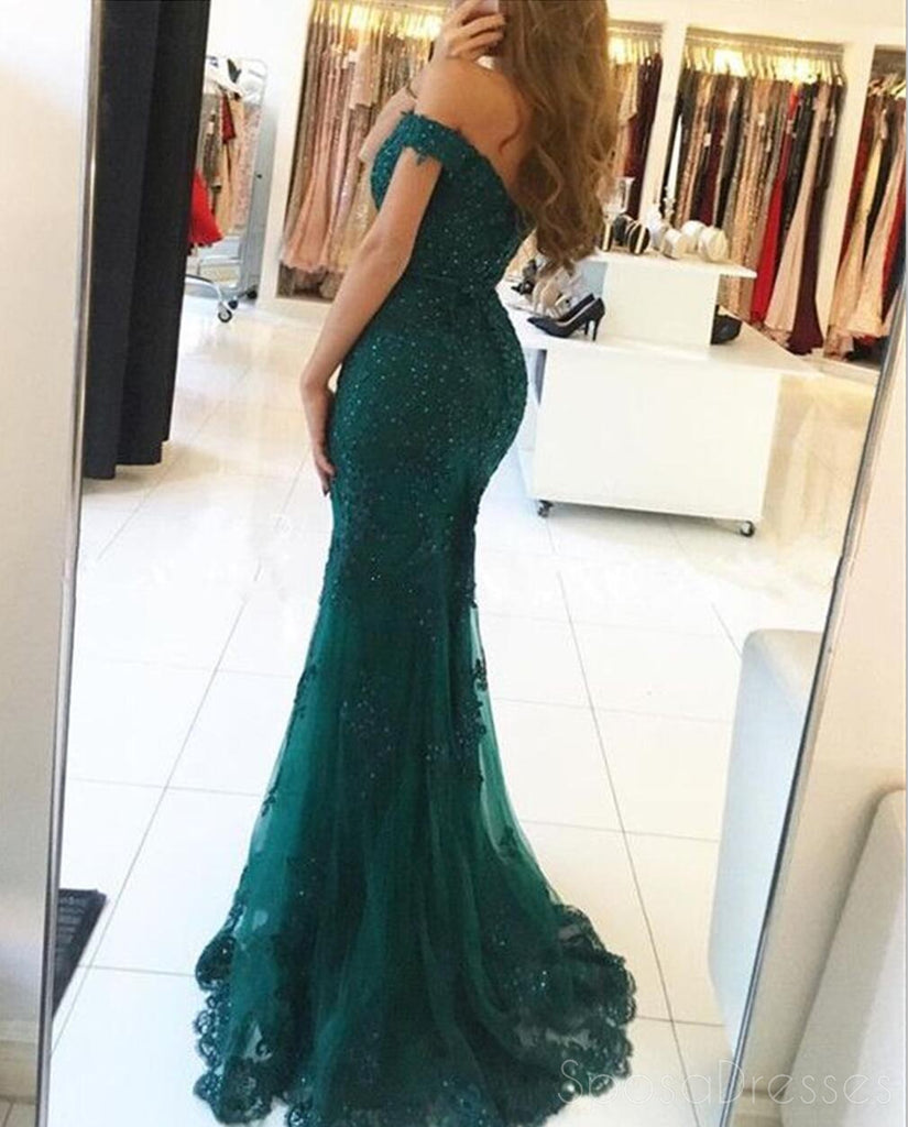 Sexy Off Shoulder Emerald Green Lace Beaded Mermaid Long Evening Prom Dresses, Popular Cheap Long Custom Party Prom Dresses, 17328