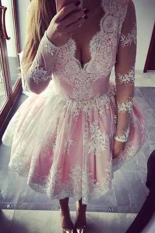 Long Sleeve Lace Pink Homecoming Prom Dresses, Affordable Short Party ...