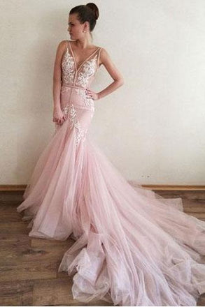 Sexy Backless Pink Lace Straps V Neck Long Evening Prom Dresses, 17515