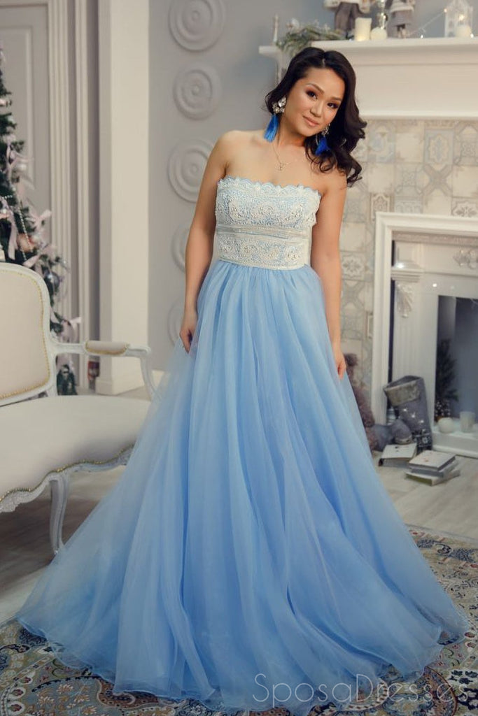 Strapless Lace Light Blue A-line Cheap Evening Prom Dresses, Sweet 16 Dresses, 17499