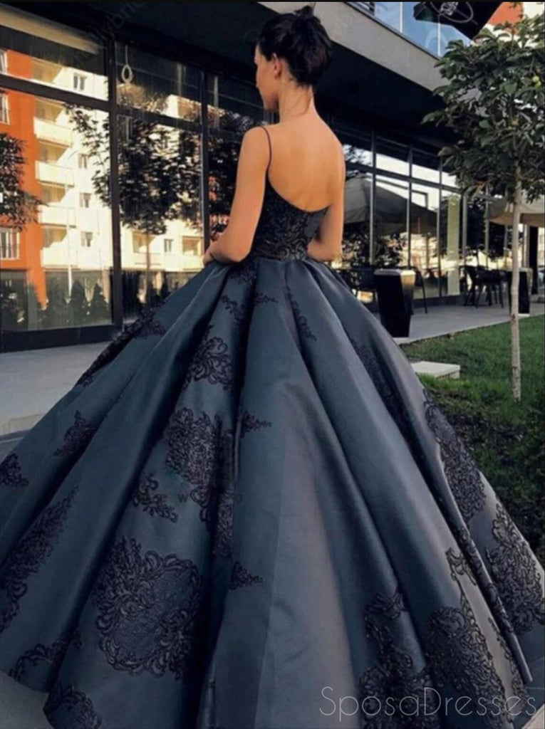 Black A-line Spaghetti Straps Ball Gown Long Evening Prom Dresses, Evening Party Prom Dresses, 12193