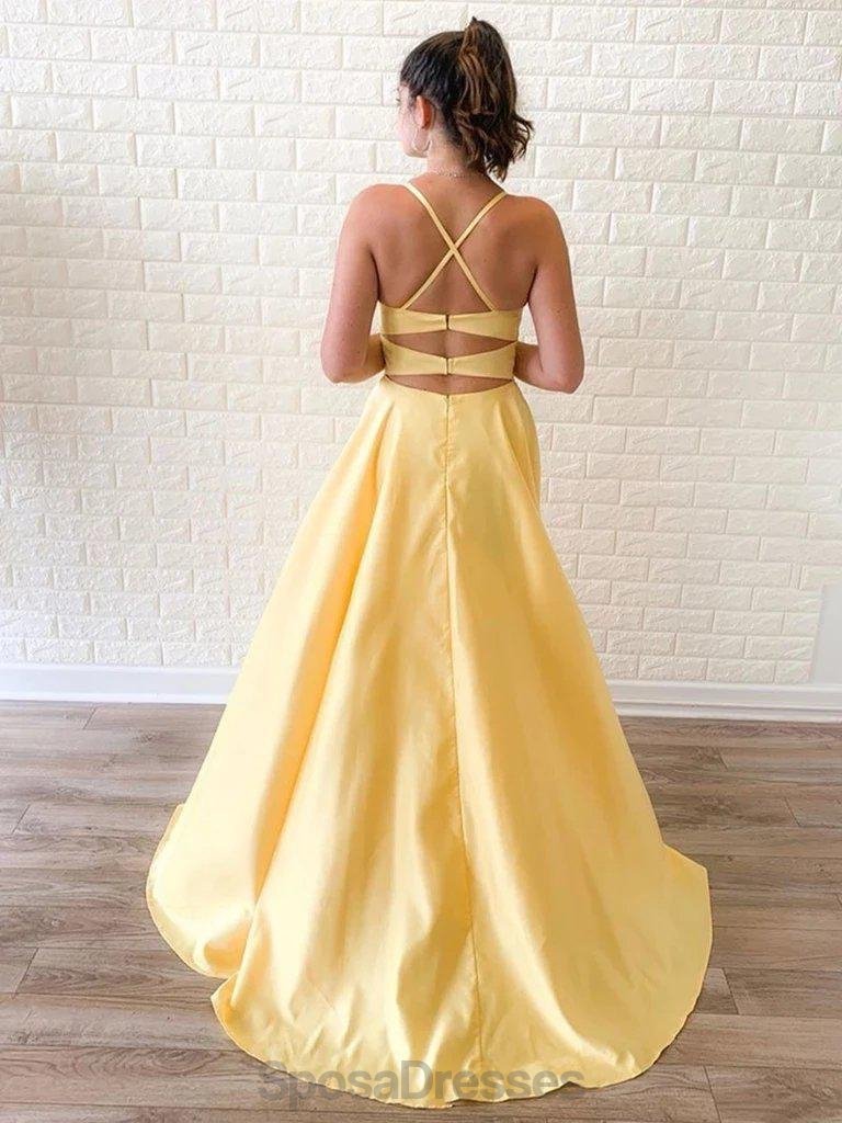 Simple Spaghetti Straps Yellow Side Slit Cheap Long Evening Prom Dresses, Evening Party Prom Dresses, 12145