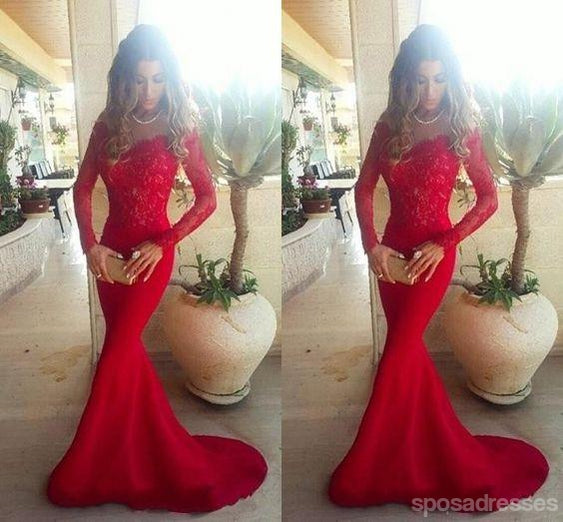 Red Long Sleeve Lace Mermaid Prom Dresses, Long sleeve Evening Party Dresses,  17008