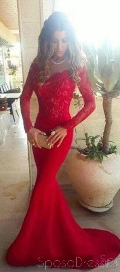 Red Long Sleeve Lace Mermaid Prom Dresses, Long sleeve Evening Party Dresses,  17008
