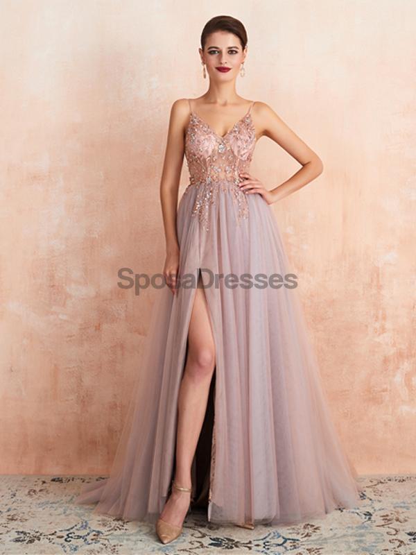 Spaghetti Straps See Through Beaded A-line Long Evening Prom Dresses, Evening Party Prom Dresses, 12135