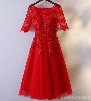 Short Sleeve Red Lace Round Neckline Short Homecoming Prom Dresses, Affordable Corset Back Short Party Prom Dresses, Perfect Homecoming Dresses, CM248