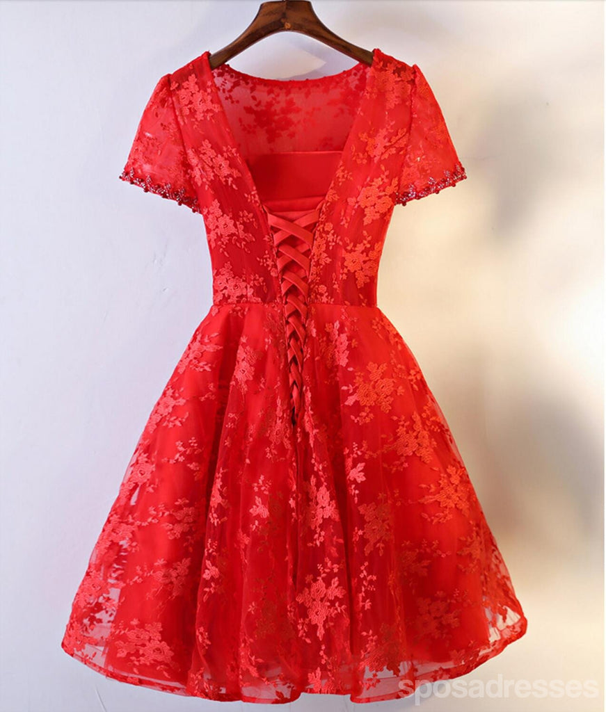 2017 Short Sleeve Red Lace Round Neckline Homecoming Prom Dresses, Affordable Corset Back Short Party Prom Dresses, Perfect Homecoming Dresses, CM249