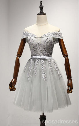 Off Shoulder Gray Lace Cute Homecoming Prom Dresses, Affordable Short Party Prom Sweet 16 Dresses, Perfect Homecoming Cocktail Dresses, CM333