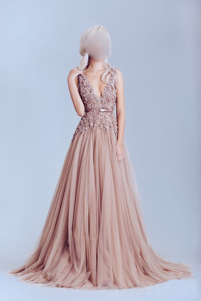 Deep V Neckline Lace prom Dresses, Dusty pink prom Dress, A line Evening Prom Dresses, 17009