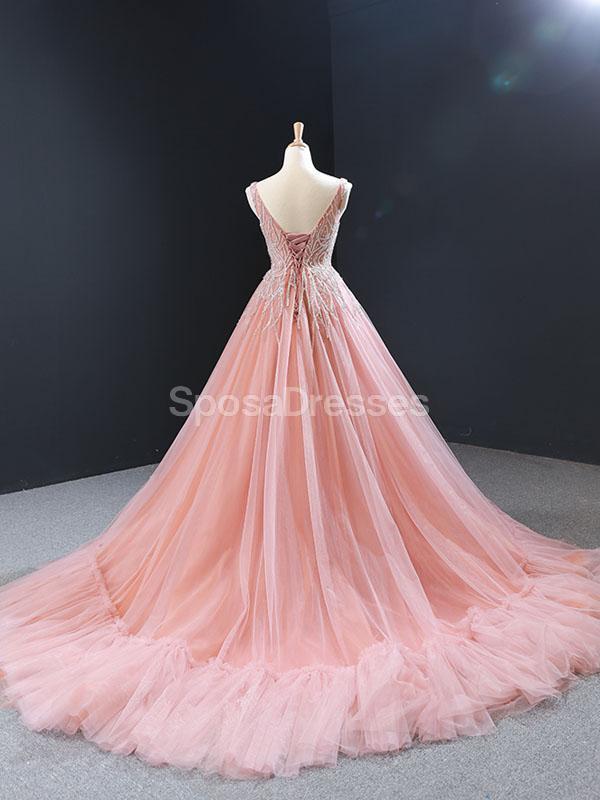 Peach Scoop Beaded Ruffle Long Evening Prom Dresses, Evening Party Prom Dresses, 12255