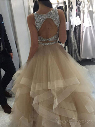 Sexy Two Pieces Open Back Heavily Beaded Tulle Long Evening Prom Dresses, Popular Cheap Long 2018 Party Prom Dresses, 17266