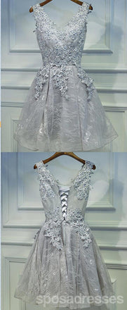 Two Straps Gray Lace Beaded Homecoming Prom Dresses, Affordable Short Party Prom Dresses, Perfect Homecoming Dresses, CM263