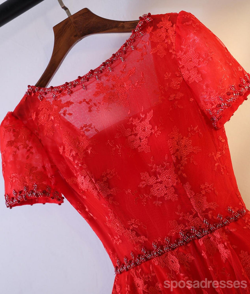2017 Short Sleeve Red Lace Round Neckline Homecoming Prom Dresses, Affordable Corset Back Short Party Prom Dresses, Perfect Homecoming Dresses, CM249