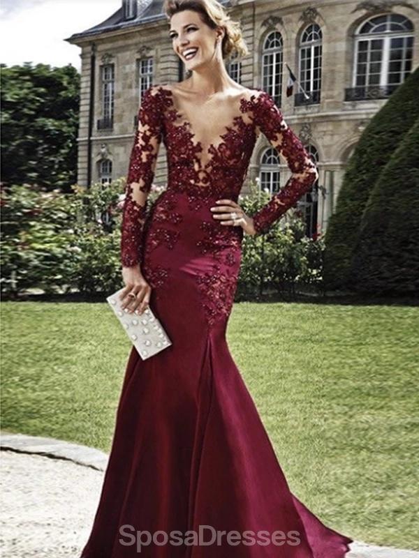 Maroon Long Sleeves Scoop Neck Lace Mermaid Long Evening Prom Dresses, Evening Party Prom Dresses, 12201