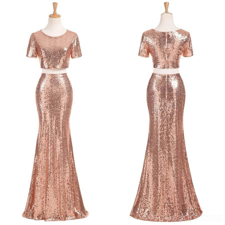 Sexy Two Pieces Short Sleeve Cheap Gold Sequin Long Bridesmaid Dresses, BD1111