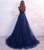Scoop Navy Lace Beaded Long Evening Prom Dresses, Cheap Custom Sweet 16 Dresses, 18525