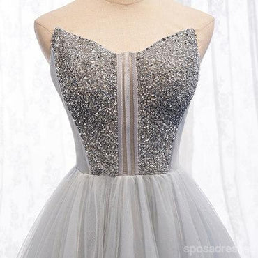 Scoop Grey Tulle A-line Cheap Long Evening Prom Dresses, Sweet 16 Prom Dresses, 12360