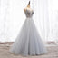 Scoop Grey Tulle A-line Cheap Long Evening Prom Dresses, Sweet 16 Prom Dresses, 12360