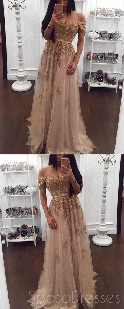 Off Shoulder Gold Lace Beaded Long Evening Prom Dresses, Popular Cheap Long Custom Party Prom Dresses, 17329