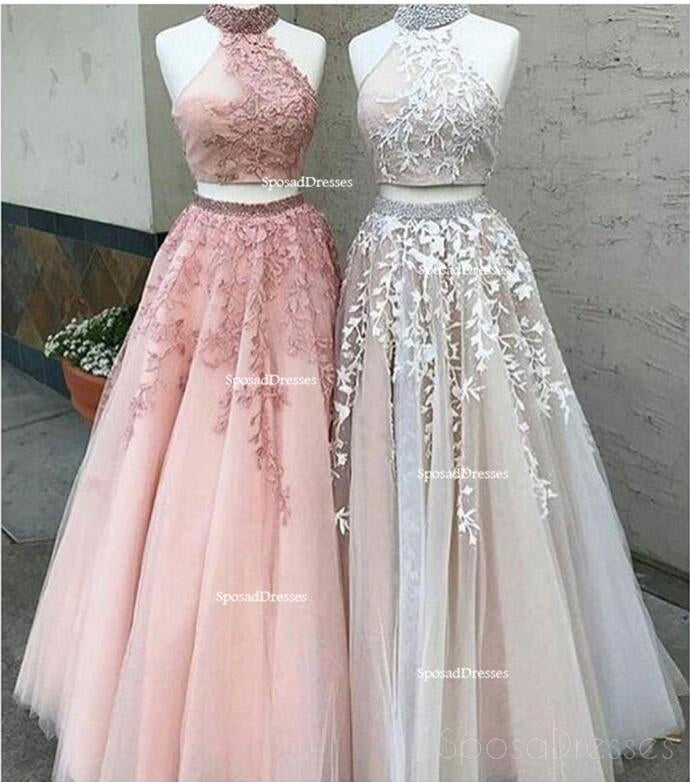 Sexy Two Pieces Halter Lace A line Long Evening Prom Dresses, Popular Cheap Long 2018 Party Prom Dresses, 17281