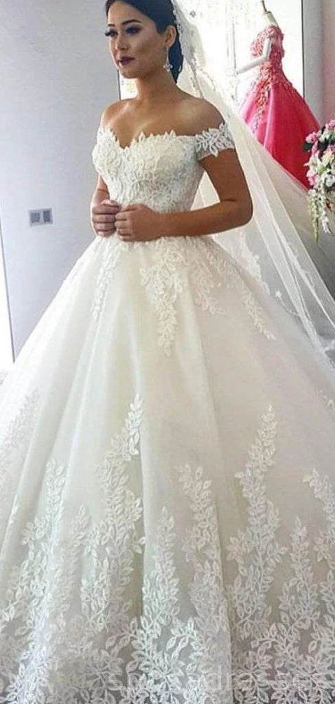 Off Shoulder A-line Lace Cheap Wedding Dresses Online, Cheap Bridal Dresses, WD504