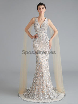 V Neck Unique Sleeves Mermaid Sequin Evening Prom Dresses, Evening Party Prom Dresses, 12118