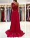 Burgundy A-line One Shoulder High Slit Cheap Long Prom Dresses,12869