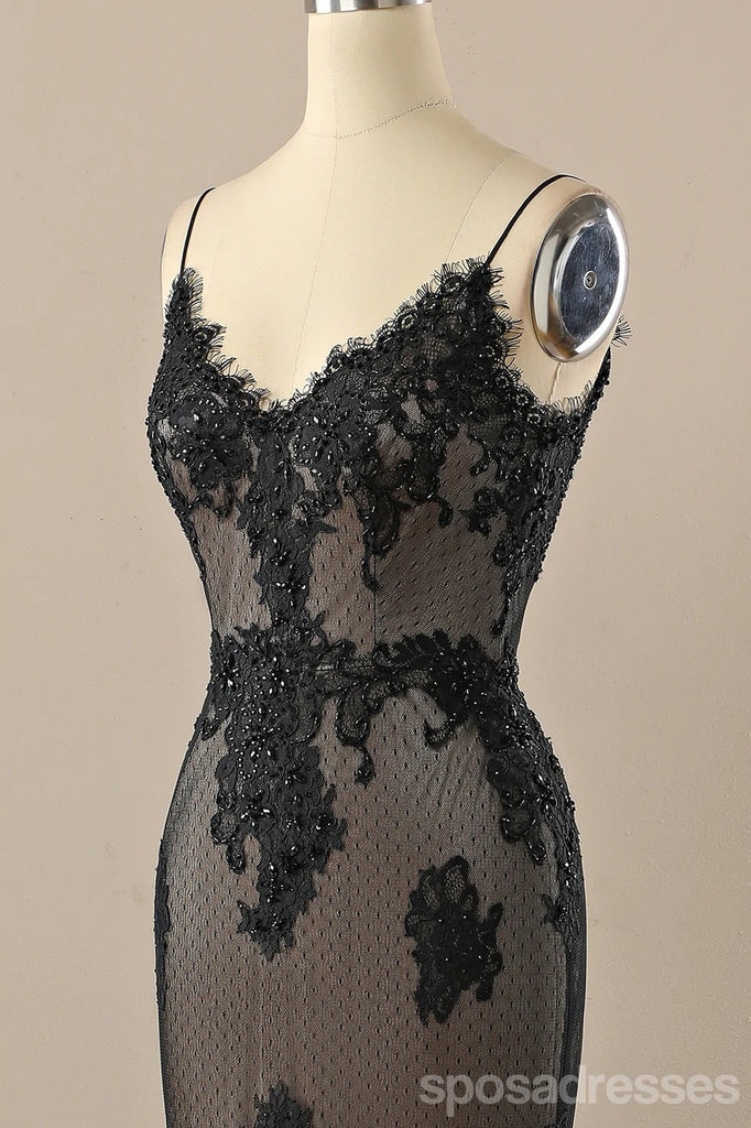 Black Mermaid Spaghetti Straps V-neck Cheap Long Prom Dresses,12994