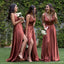 Simple A-line Chocolate V-neck High Slit Cheap Long Bridesmaid Dresses Online,WG1167
