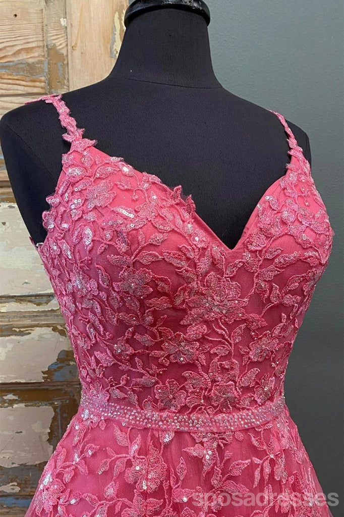 Hot Pink A-line Spaghetti Straps V-neck Cheap Long Prom Dresses Online,12810