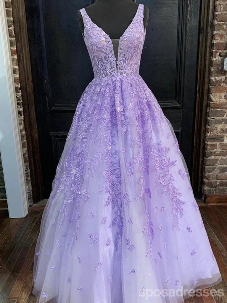 Purple A-line Straps V-neck See Through Cheap Long Prom Dresses Online,12681