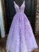 Purple A-line Straps V-neck See Through Cheap Long Prom Dresses Online,12681