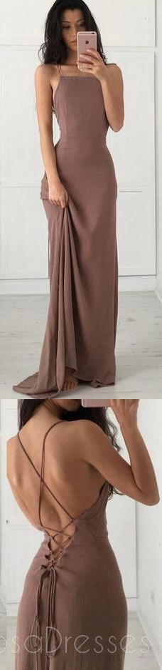 Simple Sexy Custom Long Cheap Brown Spaghetti Straps Evening Prom Dresses,PD0154
