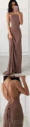 Simple Sexy Custom Long Cheap Brown Spaghetti Straps Evening Prom Dresses,PD0154