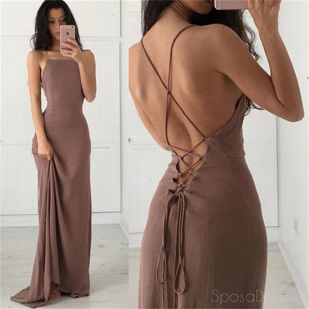 Simple Sexy Custom Long Cheap Brown Spaghetti Straps Evening Prom Dresses,PD0154