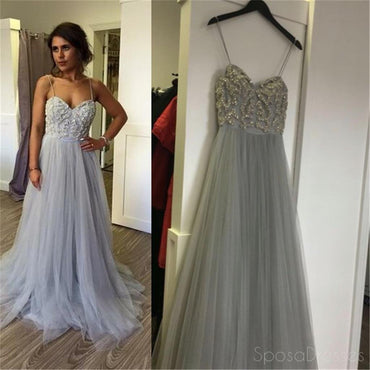 Cheap Spaghetti Straps Grey Beaded Prom Dresses, Cheap Tulle Prom Dresses,PD0166