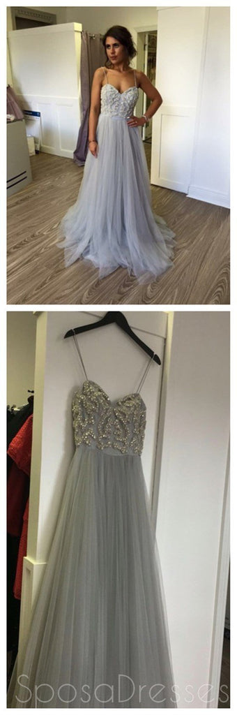 Cheap Spaghetti Straps Grey Beaded Prom Dresses, Cheap Tulle Prom Dresses,PD0166