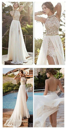 Sexy Lace Backless Long Chiffon Prom Dresses, High Neckline Halter Side Slit Prom Dresses, PD0018