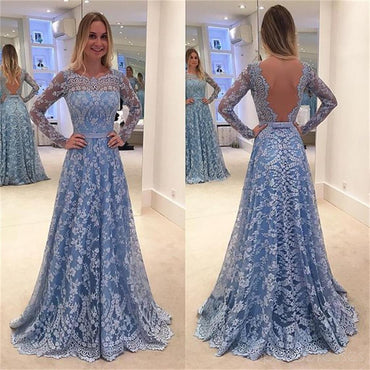 Blue Lace Prom Dresses, Long Sleeves Prom Dresses,A-line Prom Dresses,PD0182