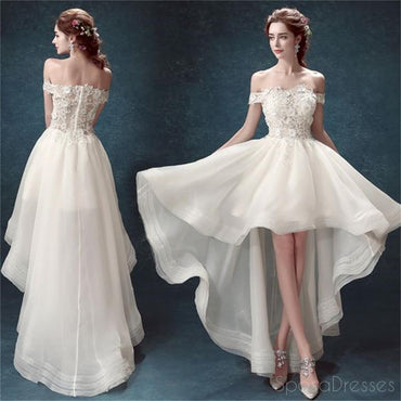 High Low Wedding Dresses,Off Shoulder Prom Dresses,White Organza Prom Dresses,PD0297